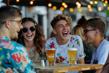Friends having fun at a bar during summer