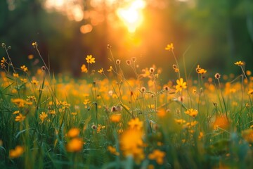 Abstract sunset over a field of yellow wildflowers