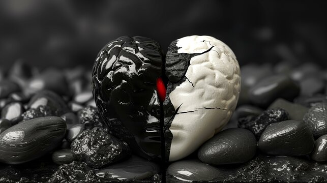 Duality human nature struggle between good evil dark light sides by heart shaped brain stone laying on pebbles,