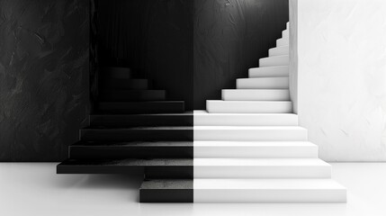 Obraz premium Black white stairs going in opposite directions on white background, up harmony contrast