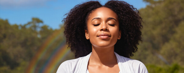 Woman with curly hair meditating in a park with a rainbow in the background