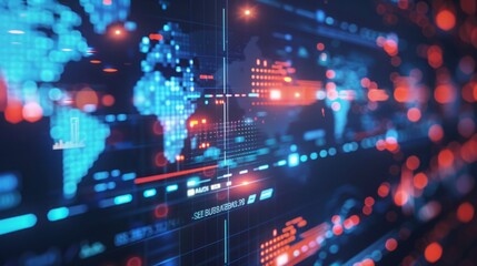 A digital world map with red and blue lights, along with code and data displayed on a screen.