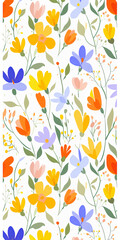 Obraz premium Seamless Floral Pattern with Colorful Flowers and Green Leaves on White Background, Spring Floral Background, Summer Floral Pattern, Flower Power, Floral Design, Floral Illustration