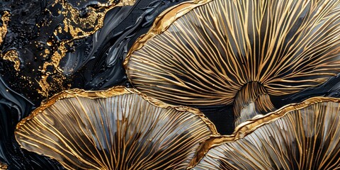 Oil painting, white mushrooms with gold motifs, AI generated