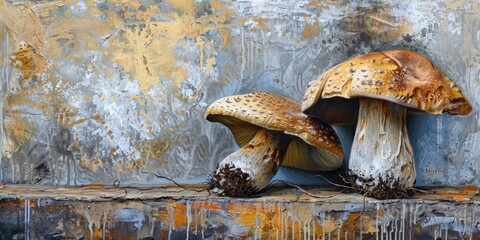 Oil painting, boletus mushrooms with gold motifs , AI generated