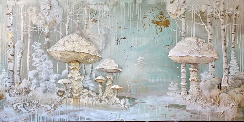 Oil painting, white mushrooms with gold motifs, AI generated