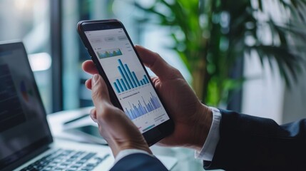 A businessman in a suit uses his smartphone to review business data charts and graphs.