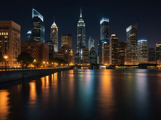 Obraz premium Skyscrapers lit up with lights