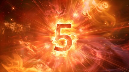 Number 5 in numerology. Ethereal number five on rays of mystical light background