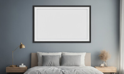 Modern bedroom interior design with empty frame above bed