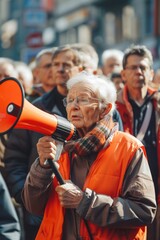 A person holding a megaphone speaking to a group of people, great for events or protests