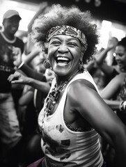 A joyful woman laughing and dancing among people in a crowd, perfect for depicting social gatherings or celebrations