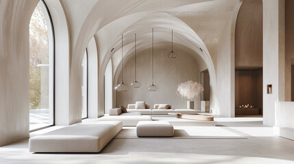 Modern Minimalist Living Room Interior With Vaulted Ceiling, Large Windows, And Designer Furniture