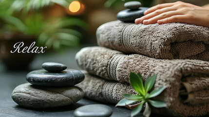 Spa setting with hands massaging, and neatly stacked towels on top of each other.