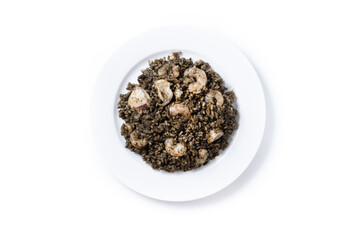 Black rice with seafood isolated on white background. Top view