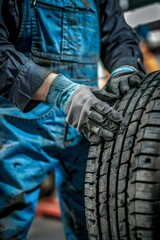 Obraz premium A mechanic is holding the tire of a car with his hands wearing gloves