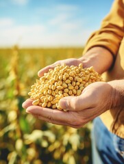 A person holding a handful of soybeans, perfect for use in agricultural or food-related contexts