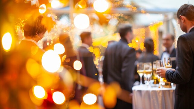Corporate Event Celebration with Elegant Guests and Warm Lights