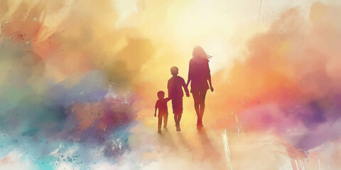 Fototapeta premium Parent and child silhouette walking away. Empathy concept art. Parenting and empathy abstract watercolor illustration. Parenthood and childhood. Walking down the path of righteousness.