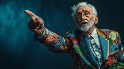 Stylish senior man in colorful suit, breaking age stereotypes. Elegant grandfather, playful pose, and positive expression.