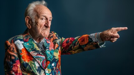 Stylish senior man in colorful suit, breaking age stereotypes. Elegant grandfather, playful pose, and positive expression.