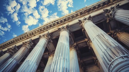 A low-angle shot of a historic buildings facade with impressive Corinthian columns. The blue sky with fluffy clouds can be seen above.