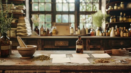 Tranquil Herbalist Workspace Blank Business Cards Dried Herbs Mortars Pestles Tincture Bottles Natural Apothecary Scene for Holistic Healing and Wellness Practices