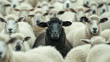 Obraz premium Black sheep standing out from the crowd, individuality concept. Contrast between black and white sheep, highlighting uniqueness.