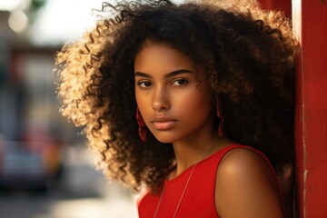 A beautiful young woman leans against a red wall wearing a stunning red dress, great for use as a fashion or beauty illustration