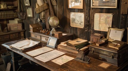 Naklejka premium Welcome to History Heritage Tour Guide Desk with Business Cards Guest Register and Historic Artifacts Explore the Past in Style