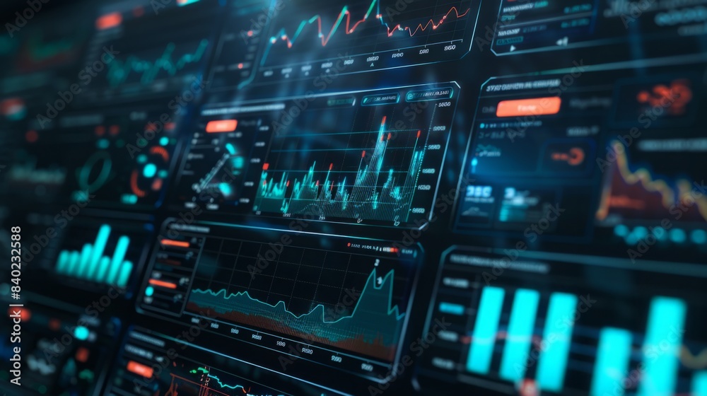 Poster a close-up image of a futuristic digital dashboard with multiple financial charts and data graphs.