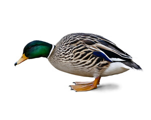 Obraz premium A male Mallard duck, known for its distinctive green head, walking isolated on a clean white background