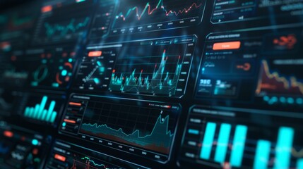 A close-up image of a futuristic digital dashboard with multiple financial charts and data graphs.