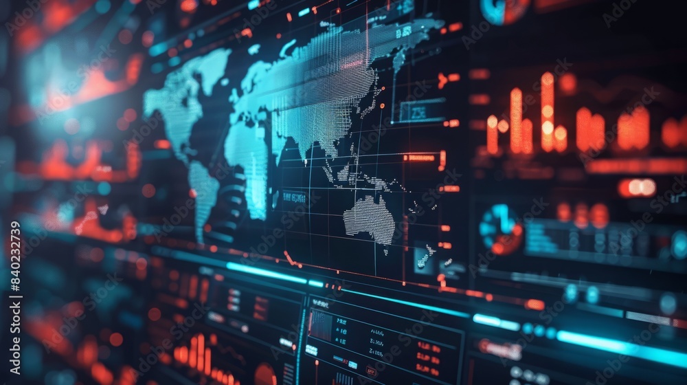 Poster a close-up view of a digital world map display with red and blue data charts, representing global da