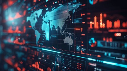 A close-up view of a digital world map display with red and blue data charts, representing global data and analysis.