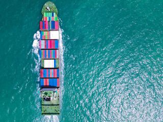 the aerial perspective of a cargo ship being loaded and unloaded at a bustling seaport and sailing out of the mainland