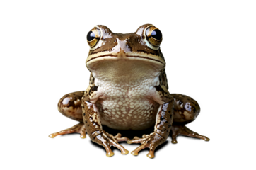 A close-up of a frog with textured skin and big eyes looking directly at the camera