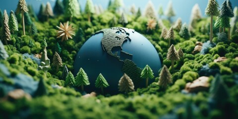 A model of the earth surrounded by trees, suitable for environmental or educational purposes