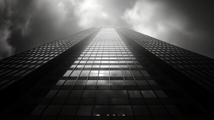 Black and White Photo of a Tall Glass Skyscraper Reaching Into a Cloudy Sky