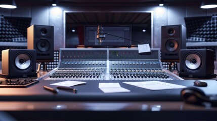 Fototapeta premium Immersive Sound Professional Audio Mixing Studio with Blank Business Cards Mixing Boards Monitors and Headphones