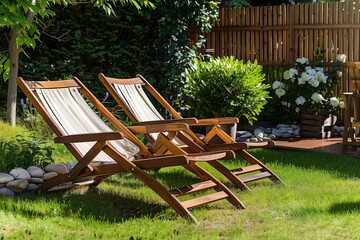 Two wooden deck chairs with white fabric seats sit on a sunny green lawn