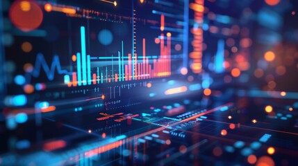 A close-up shot of a digital data display showing colorful graphs and charts on a dark background.