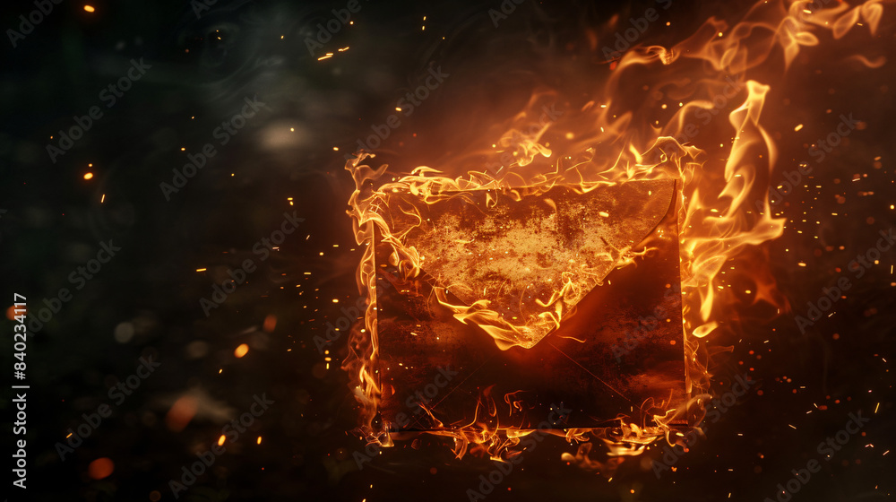 Poster abstract image of a heart engulfed in fiery flames on a dark background