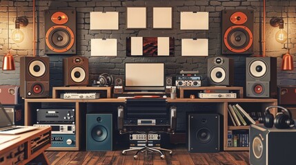 Obraz premium Immersive Audio Experience Premium Headphones Speakers and Vinyl Records in HighEnd Listening Room