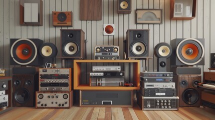 Obraz premium Vintage Audio Workshop Retro Tube Amplifiers Vinyl Records and Business Cards for Music Enthusiasts and Collectors
