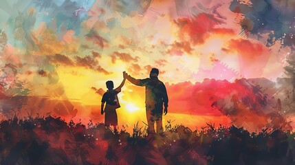 Fototapeta premium Father and son high five, silhouetted against a breathtaking sunset, watercolor style, soft hues blending seamlessly, conveying an emotional and timeless family bond