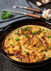 creamy smothered pork chops cooked in onion gravy