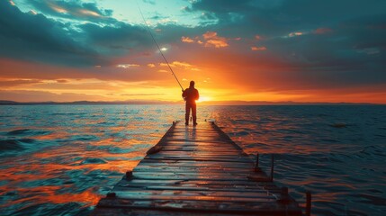 A lone fisherman stands on a wooden pier, casting his line into the tranquil waters as the sun sets, summer vacation. - Powered by Adobe