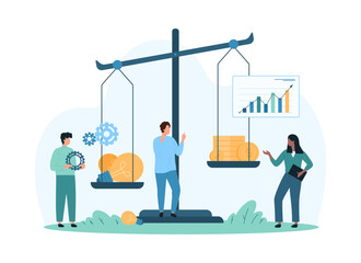 Money and idea balance, financial analysis of value and profit of project or purchase for investor. Tiny people weigh coins and light bulbs on seesaw scales, compare price cartoon vector illustration