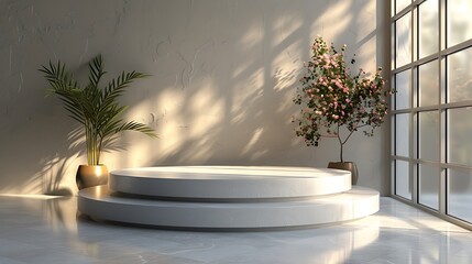 A pristine white podium against a clean grey backdrop, elegant and modern, positioned in the center with plenty of copy space around.